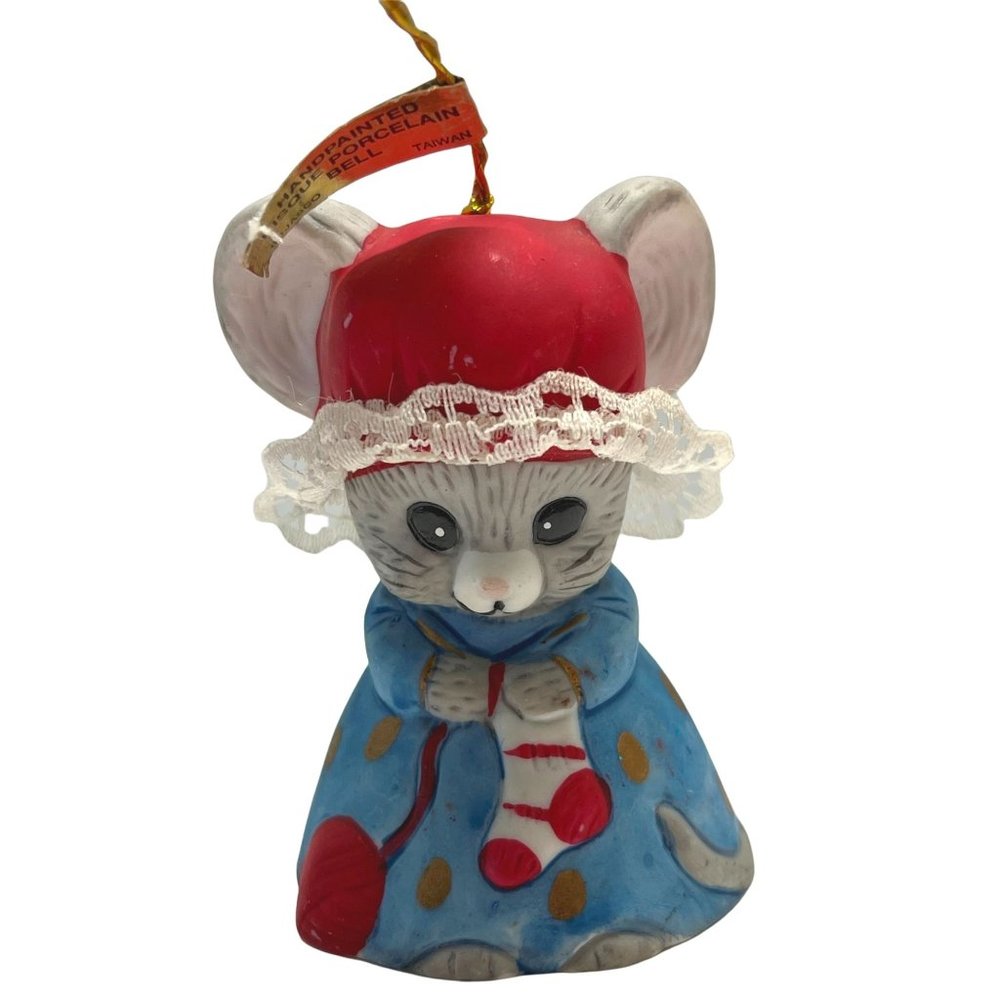 Vintage Lil Chimers Christmas Ornament Bell Jasco Mouse in Nightgown 2.5" Tall